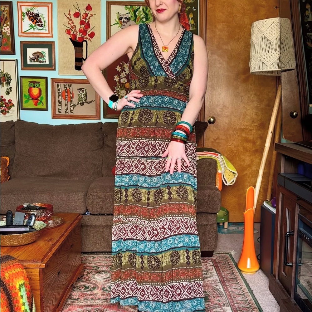 Roz & Ali Boho Maxi Dress in Brown, Rust, Burgundy, Olive, Teal, Cream